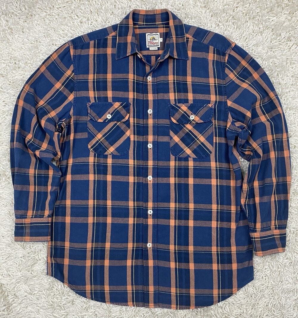 Surf Pendleton Flannel Shirt Mens Small Navy Orange Plaid Button Up Flap Pocket